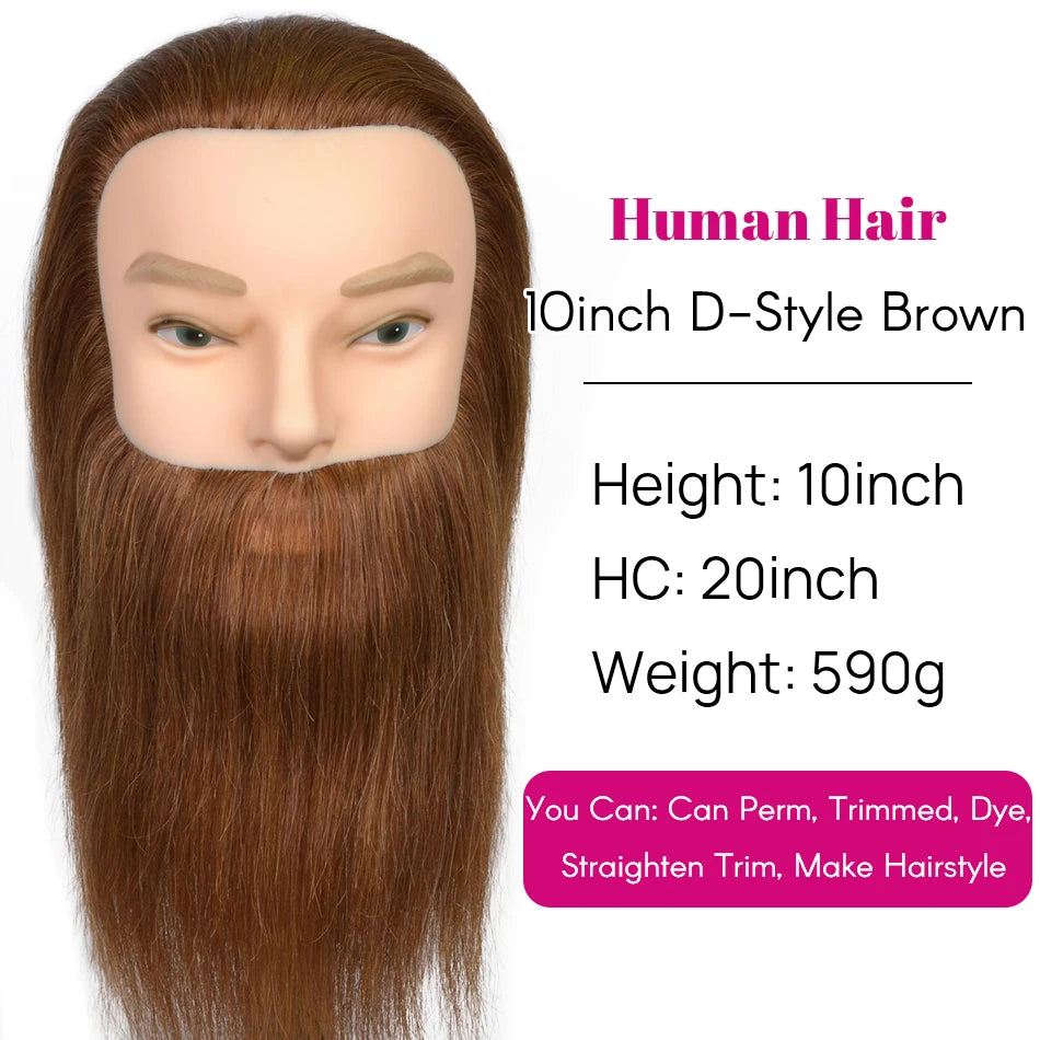100% Human Hair Male Mannequin Head With Hair Beard Practice Manikin Hairdresser Cosmetology Training Doll Head For Hair Styling