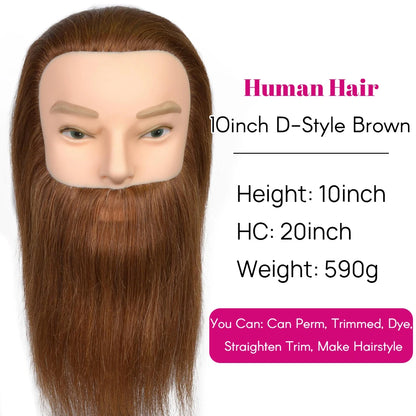 100% Human Hair Male Mannequin Head With Hair Beard Practice Manikin Hairdresser Cosmetology Training Doll Head For Hair Styling