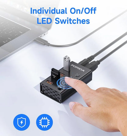 FORIDA USB C Hub 3.2 10Gbps 4/7 Port Aluminium Alloy Docking Stations Splitter LED Switches Adapter for MacBook Laptop Phone