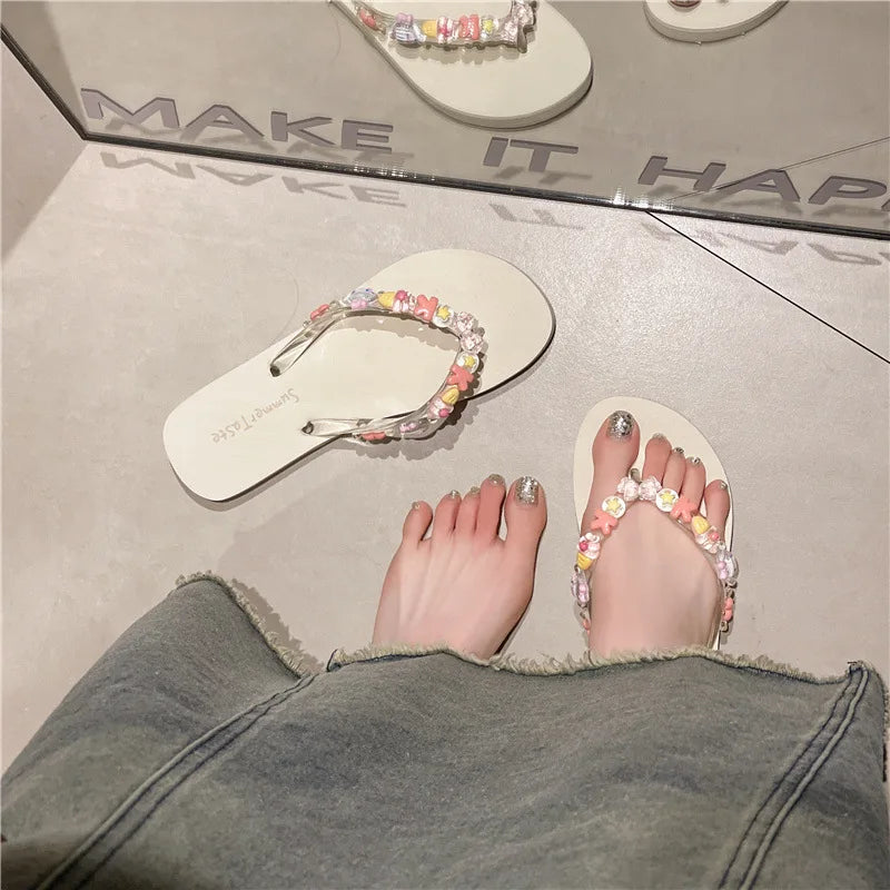 Flip-flops women's summer indoor beach shoes seaside wear eva cute bath transparent flowers non-slip