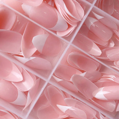 360Pcs/box Glossy Soft Gel Pink French Nail Tips Medium Almond White Simple Press On Nails 10Grids Huge Capacity False Nails*&