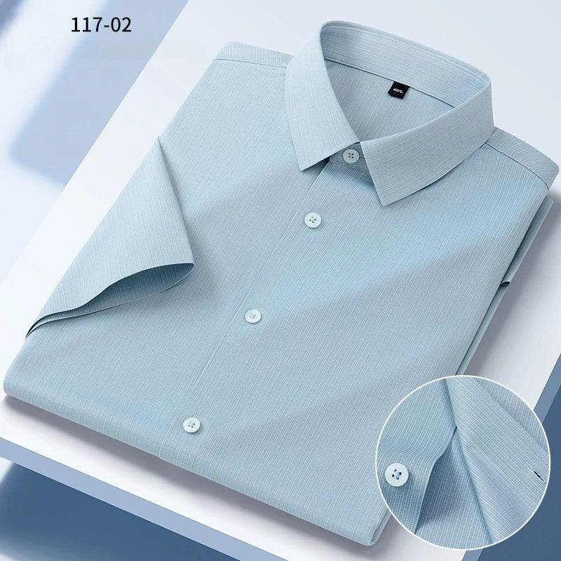 New in shirt summer short sleeve shirts for men slim fit formal plain shirt soft office striped top wrinkle free elastic clothes