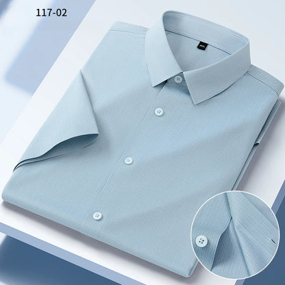 New in shirt summer short sleeve shirts for men slim fit formal plain shirt soft office striped top wrinkle free elastic clothes