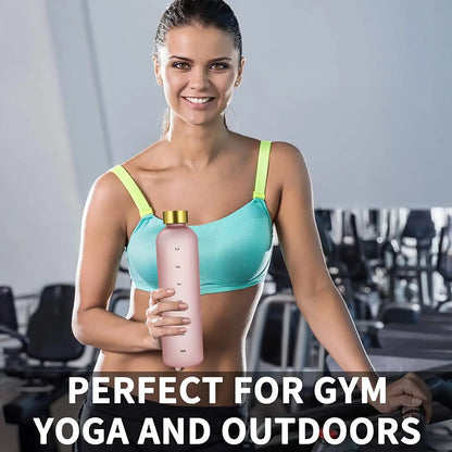 1L Water Bottle with Time Marker 320Z Large Capacity Reusable Fitness Sports Outdoors Travel Leakproof BPA Free Frosted Plastic