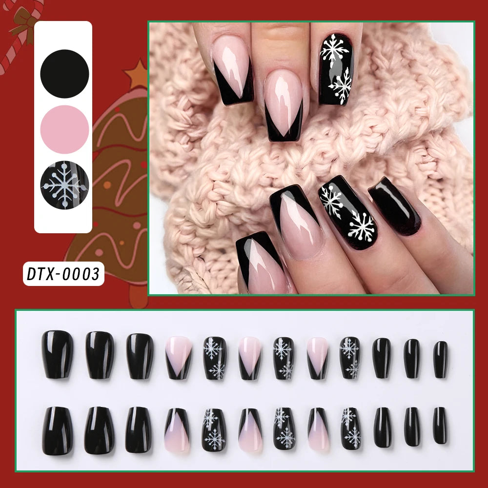 24Pcs Black Press on Nails White Snowflake Christmas Fake Nails Medium Square press on nails French Full Cover False Finger Nail