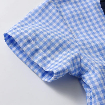 Summer Baby Boys Birthday Clothes Set Children British Style Blue Plaid Shirt with Pants Infants Top Shorts and Bow Kids Outfits