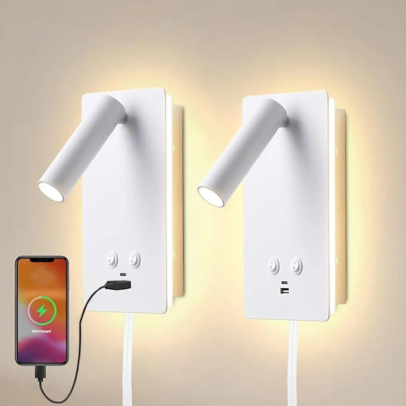 Indoor bedside wall lamp, with front and rear lighting modes, equipped with switch and USB C-type