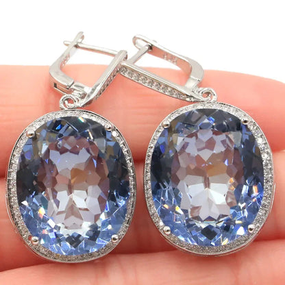 40x21mm Hot Selling Big Gemstone 17.5g Fire Rainbow Mystic Violet Topaz Cz Silver Pendant Earrings