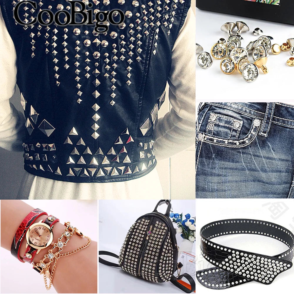 100sets Glass Crystal Double Cap Rivet Stud Rhinestone Nail Spike DIY Leathercraft Fashion Apparel Shoes Bags Decor Accessories