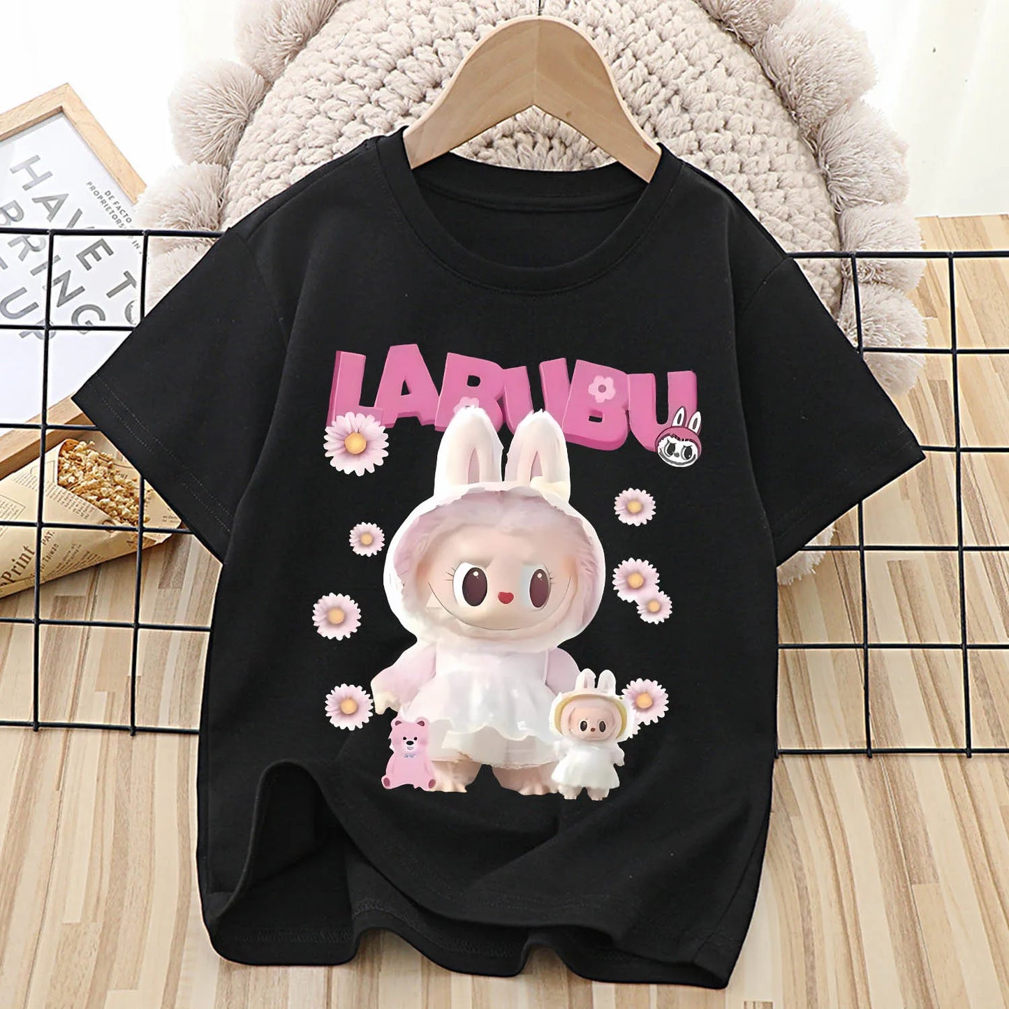 Labubu T-shirt for Children Cute Cartoon Anime Tee Top Black Short Sleeve Round Collar Clothes Fashion Kids Summer Clothing Gift
