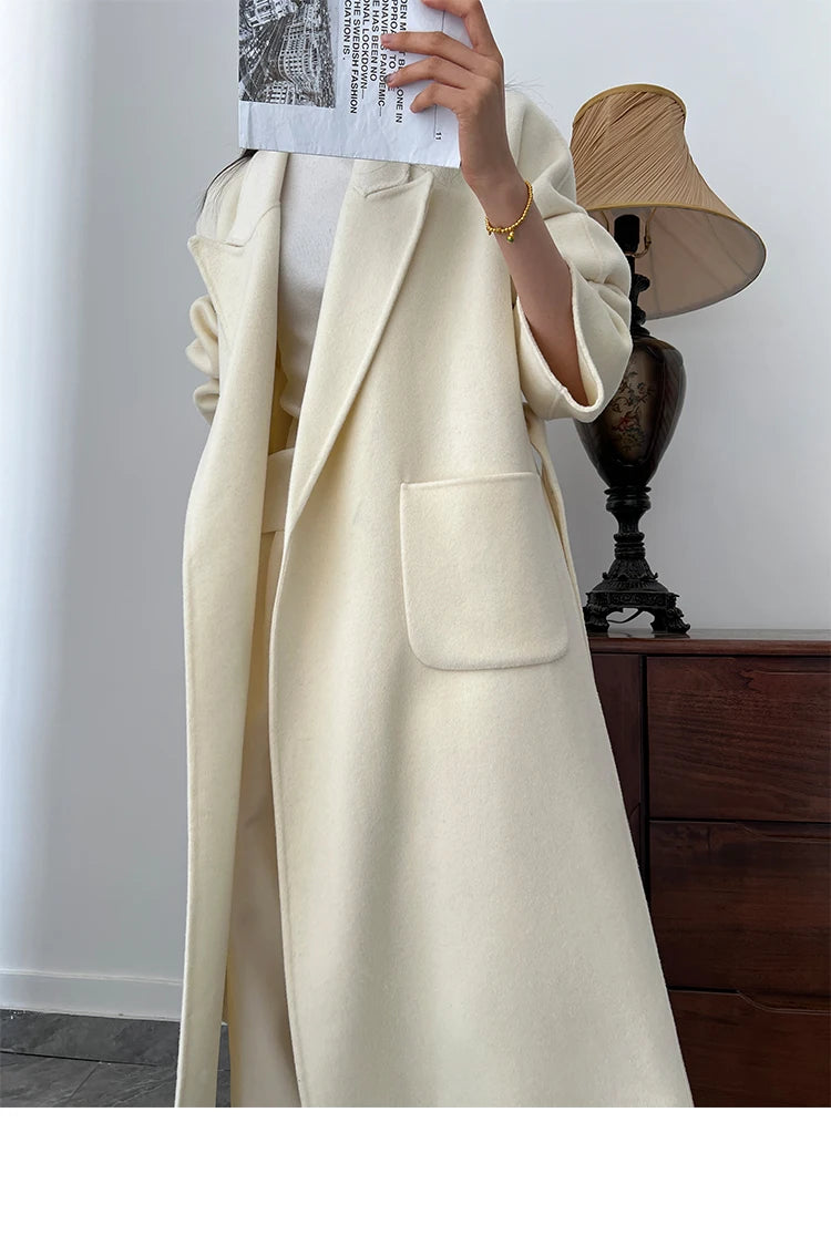 Office Lady Woolen Jackets 2024 Autumn And Winter Bathrobe Style Pocket Double-Sided Loose Lace -Up Tie Women's Long Wool Coats