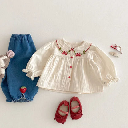 Girls Fashion Shirt 2025 New Spring Baby Korean Long Sleeve Shirt Children Spring Strawberry Peter Pan Collar Top
