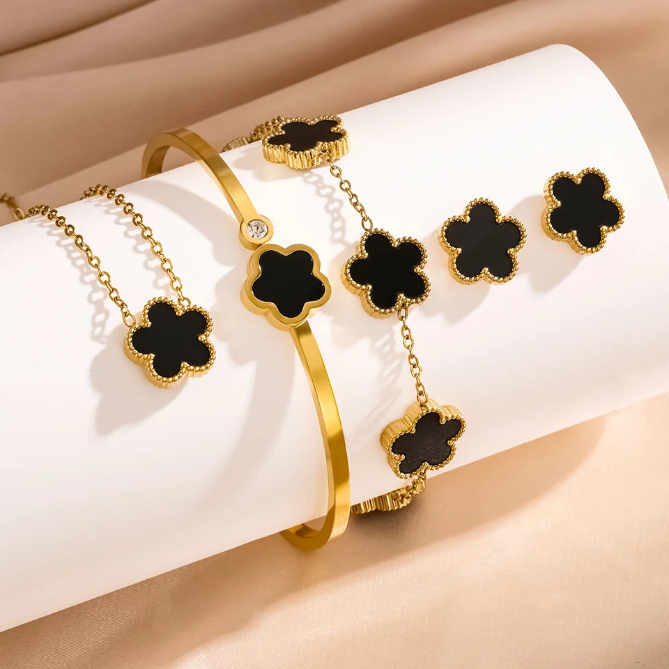 3Pcs Stainless Steel 316L Luxury Plum Blossom Plant Five Leaf Flower Necklace Earrings Bracelet For Women Gift Jewelry Sets