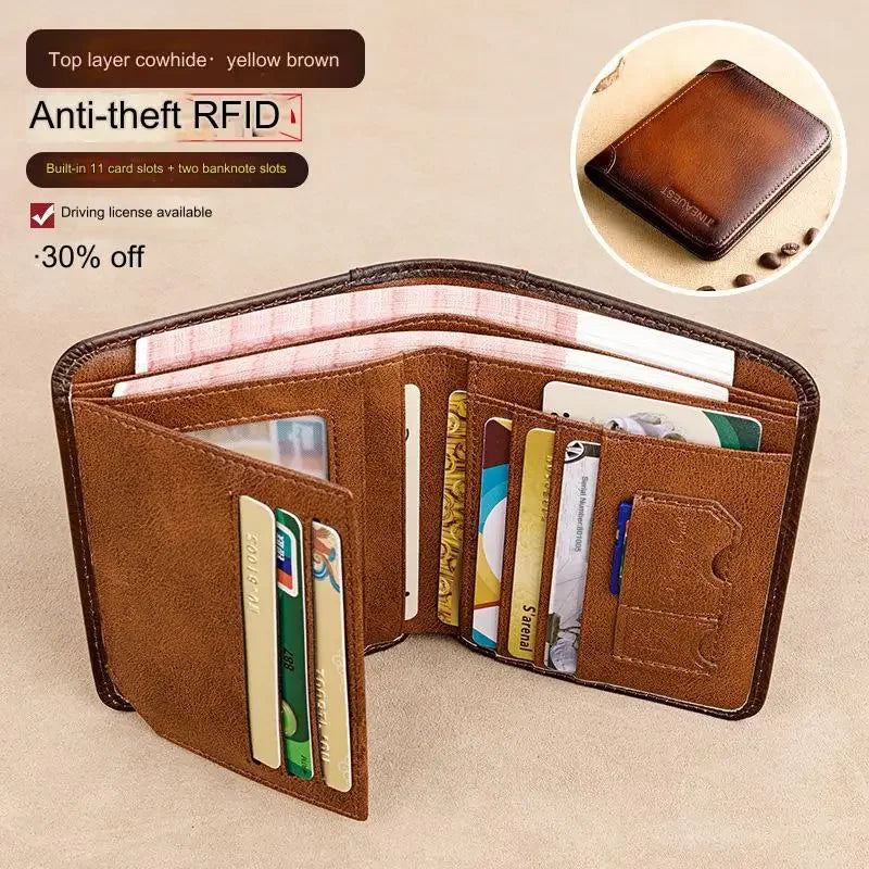 Men's Wallets RFID Blocking Genuine Leather Trifold Business Short Purse Wallet for Men with ID Window and Credit Card Holder