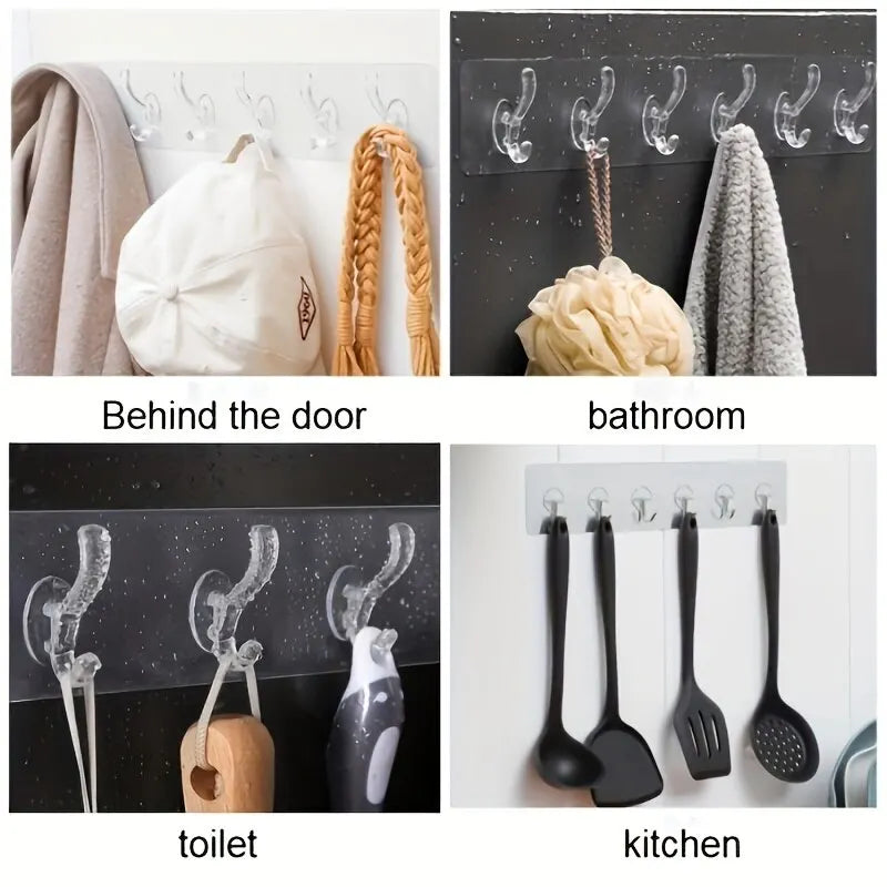 Transparent 6 Row Hooks No Trace Strong Hooks Sticky Rear Row Hooks for Hanging Towels Clothes and Coats Bathroom Accessories