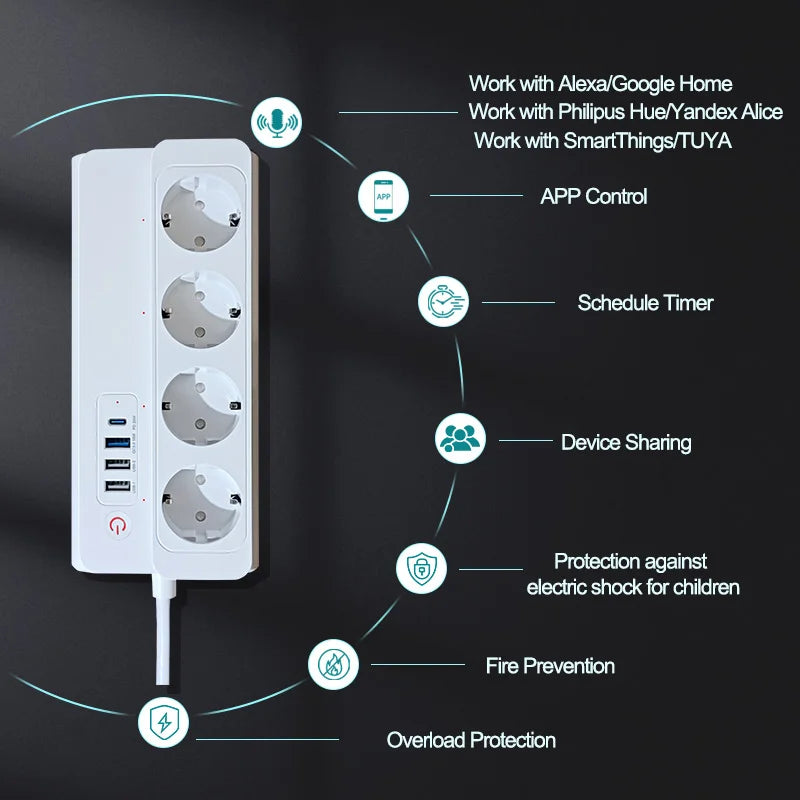 Smart Power Strip Zigbee 3.0 16A PD20W Fast ChargingSmart Multiple Socket Wall Mounted Timer Voice Control and Remote Control