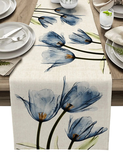 Blue Tulip Table Runner for Dining Table Kitchen Decor Anti-stain Dining Table Tablecloth Rectangular Dining Table Runner