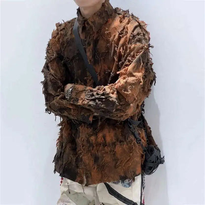 PFHQ Tie Dye Patchwork Shirts Men's Turn-down Collar Long Sleeve Tops Personalized Single Breasted Tassel Male Clothing 21Z9142