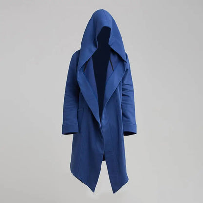 Oversize Men Coat Long Turn-down Collar Big Hat Cardigan Trench Coat Hooded Oblique Hem Big Pockets Men Windbreaker Outwear