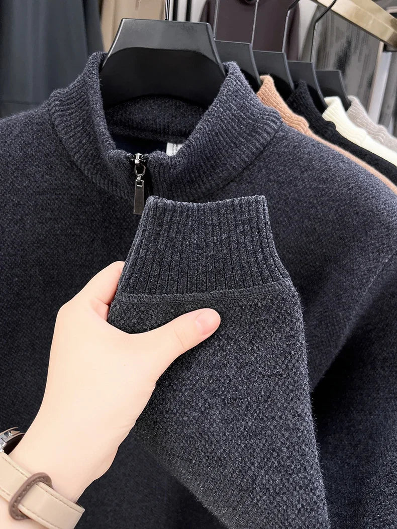 Winter Men's Ferret Fleece Embroidered Zipper Stand Up Collar Head Knitwear Plush Thick Soft Sweater  Mens Clothes  Pull Coreen