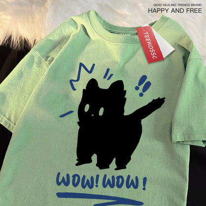 Wow Wow Fun Black Cat Print Japanese Style Men Women Top Fashion T Shirt Cotton Loose T-Shirt Casual O-Neck Clothes Oversize Top