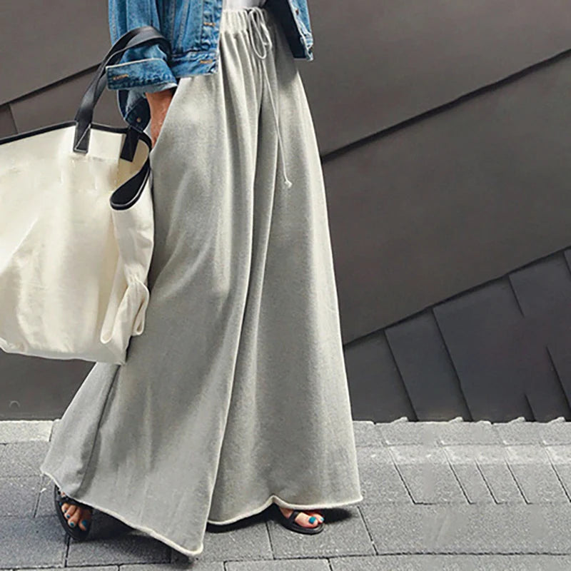 UOOZEE 2025 New Women Palazzo Pants Black Grey Color Spring Summer Fashion Casual High Waisted Wide Leg Trousers Bottoms