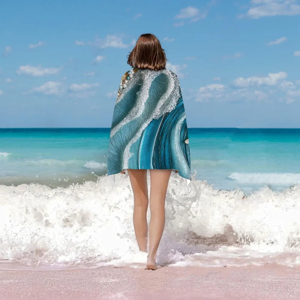 Beach Towel with Ocean Waves and Seashells - Dive into Summer! Suitable for towels, bath towels, beach towels
