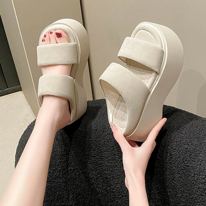 Summer 2023 Chunky Sandals Women's Thick Bottom Wedge Heels Slides 8CM High Heels Platform Leather Casual Beach Flip Flops Woman