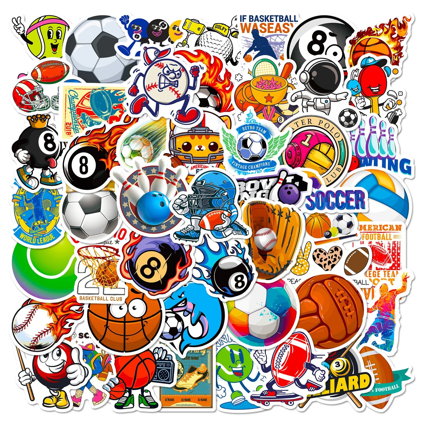 50 PCS Sports Stickers, Soccer Football Volleyball Golf Basketball Stickers, Sports Ball Stickers for phone