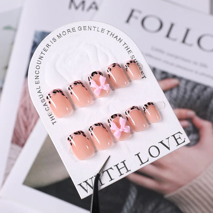 24Pcs Pink Leopard Print French Tips False Nails Short Square Head 3D Black Bowknot Fake Nails Acrylic Full Cover Press on Nails