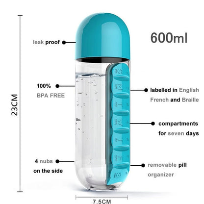 Portable Water Bottle With Built-in Pill Box for Medicines, Vitamins, Perfect for Outdoor, Gym, Fitness, Camping and Traveling