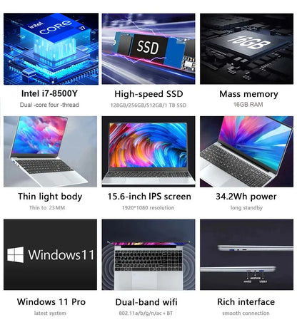 2025 Laptop Computer Windows 11 Pro Intel Core i7 8500Y 16GB RAM 1TB 2TB SSD Computer PC 15.6" Fingerprint Unlock Notebook Gamer