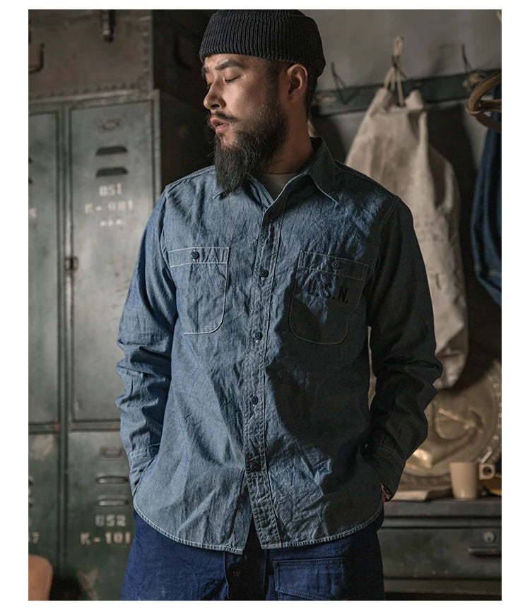 Bronson Repro USN Chambray Work Shirt Rugged Men's Selvedge Workwear Light Blue