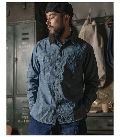 Bronson Repro USN Chambray Work Shirt Rugged Men's Selvedge Workwear Light Blue