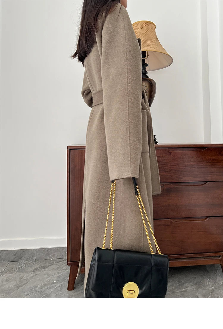 Office Lady Woolen Jackets 2024 Autumn And Winter Bathrobe Style Pocket Double-Sided Loose Lace -Up Tie Women's Long Wool Coats