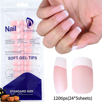 120Pcs Medium Long Square Acrylic French Fake Nails Full Cover Wearable French Press on Nails for Women Mixed Size False Nails