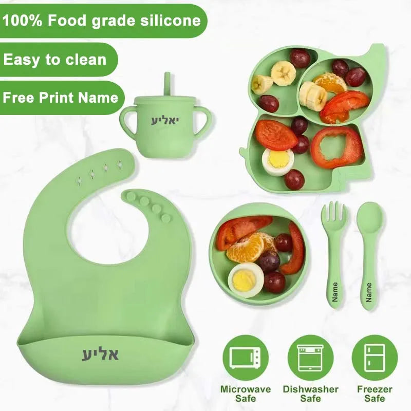 Silicone Baby Feeding Set Soft Silicone Sucker Plate Bowl Elephant Plate Personalized Name Feeding Bib Apron Children's Dishes