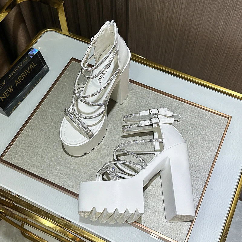 Car Model Catwalk Banquet Performance Women's Shoes 16 Cm Waterproof Pole Dance Crystal 15CM High Heel Chunky Sandals