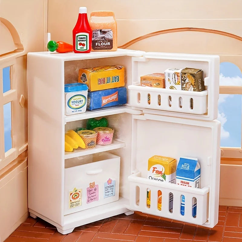 1:12 Miniature Dollhouse White Refrigerator Toy Mini Fridge Toy Simulated Food Pretend Play Toys Kitchen Furniture Home Decor