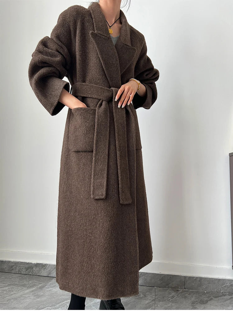 Office Lady Woolen Jackets 2024 Autumn And Winter Bathrobe Style Pocket Double-Sided Loose Lace -Up Tie Women's Long Wool Coats