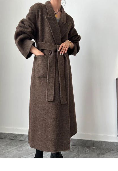 Office Lady Woolen Jackets 2024 Autumn And Winter Bathrobe Style Pocket Double-Sided Loose Lace -Up Tie Women's Long Wool Coats
