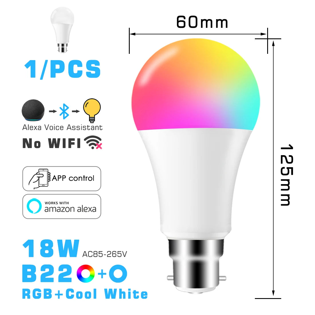 LED Smart Light Bulb, Color Changing Alexa Light, RGB Smart Lamp That Work With Alexa, E27 B22 Base,16 Million Colors,Dimmable