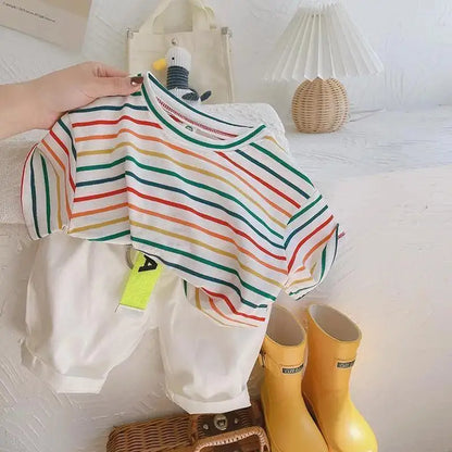 Baby Girls T-shirt Summer New Thin Colorful Stripe Kids Babys Girls Tops Casual Versatile Short Sleeves Children Boys Shirts