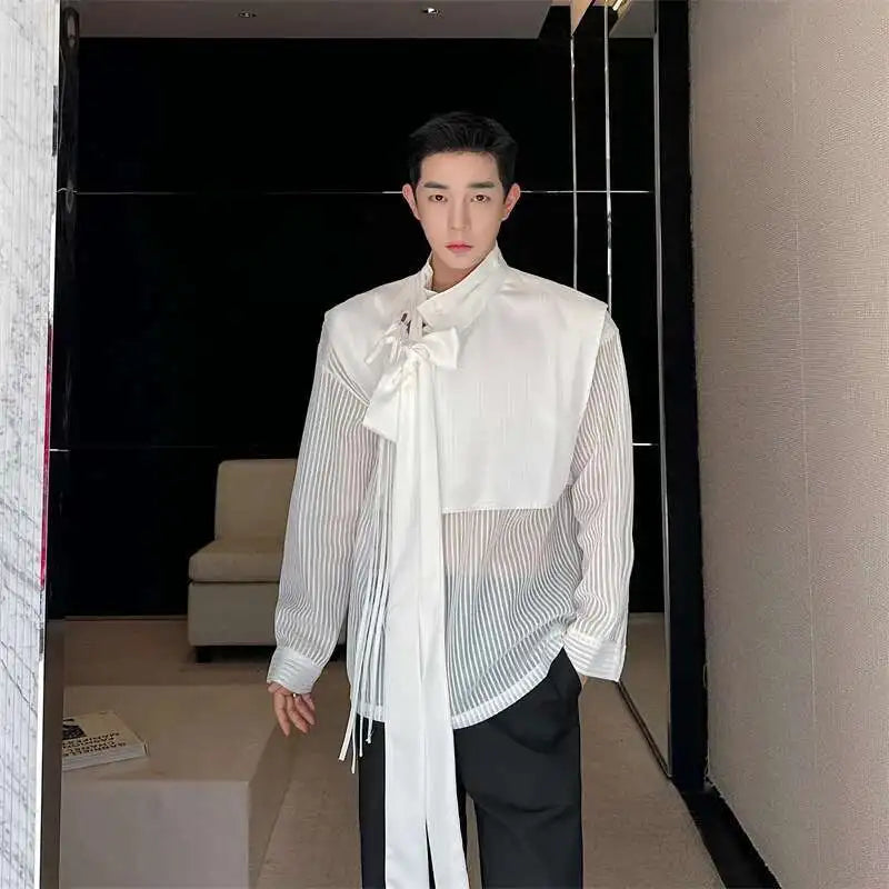 LUZHEN Stylish Personality Ribbon Decorate Translucent Long Sleeve Shirts Men's Elegant 2025 New Stylish Fake Two Piece LZ2413