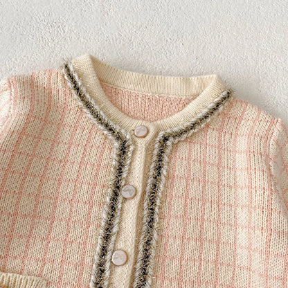 New autumn clothing for babies aged 0-3, featuring a plaid small fragrant style long sleeved sweater and jumpsuit