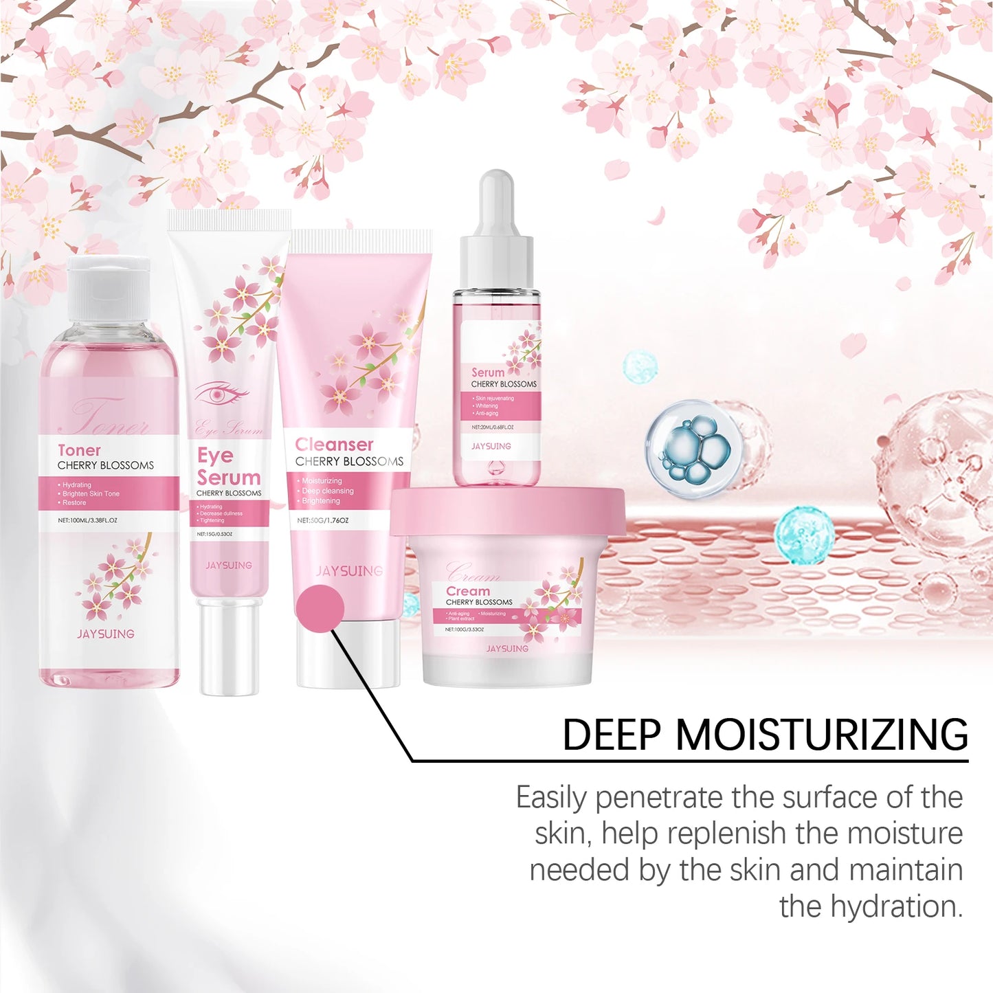 Sakura Skincare Set Moisturizer Face Cream Serum Toner Facial Cleanser Eye Cream Anti-Wrinkle Brighten Face Care Kit for Women