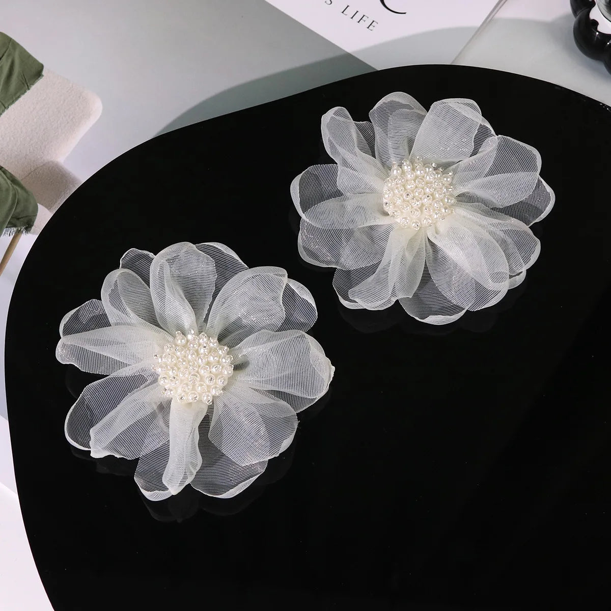 Fabric Hair Accessories For Clothing Bags Decorative Parches Applique Pearl In Center 3D ROSE Burnt Tulle Organza Hair Flower