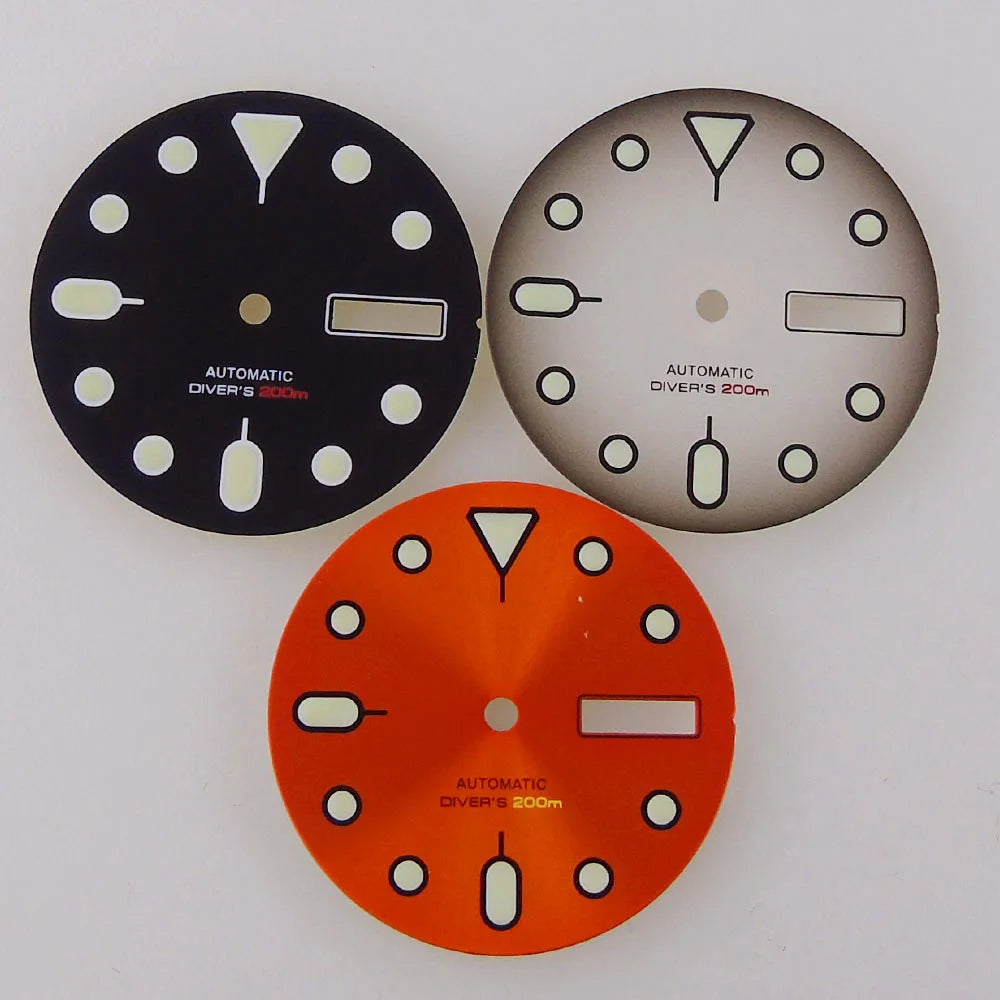 NH36 Watch Dial 29mm Weekday Date Orange/white/black Dial Face Plate Green Lume for Diver Watch Hand Set