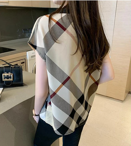 Office Wear Short Sleeve Chiffon Casual Pretty and Cheap Women's Blouses Korean Plaid Youth Woman Buttoned Shirts Trends Top Hot