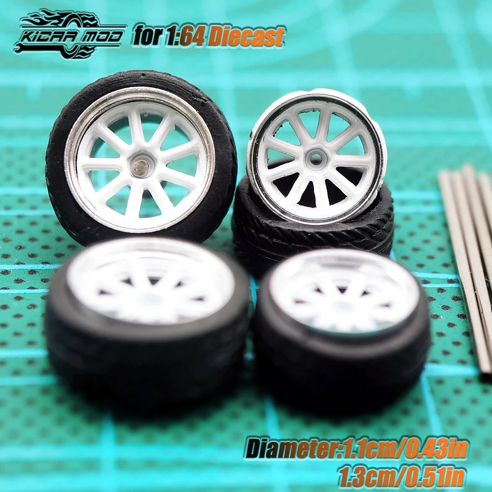 Kicarmod 1/64 Model Car ABS Wheels with Rubber Tire Metal Rims Front Small Rear Large Refitting Parts For Model Car Hot Wheels